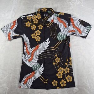 Tachuntfish Button Up Shirt Men's Large Black Floral Bird Crane Short Sleeve